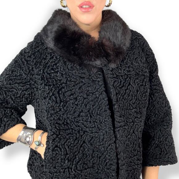 Custom 1950's faux Persian lamb cropped swing coat with mink fur collar